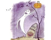Halloween Ghost Greeting Card Watercolor Painting Illustration Cartoon Print 'Ghost In The Graveyard'