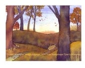Bunny Rabbit Greeting Card Autumn Woods Watercolor Illustration 'Golden Afternoon'