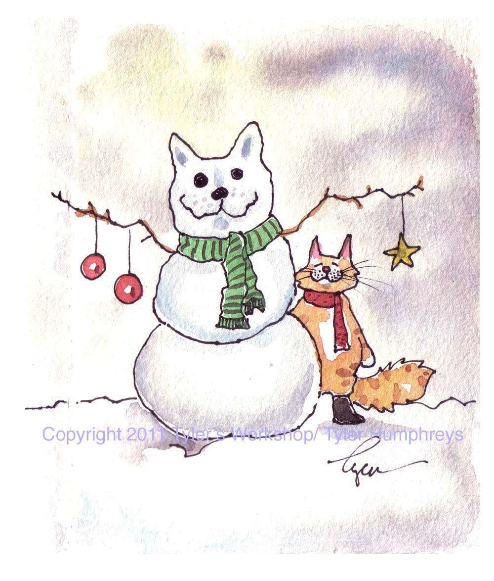 Cat Card- Cat Christmas Greeting Card- Cat Art- Snowman Winter Tabby Cat Watercolor Painting Illustration Cartoon Print 'Snowcat'