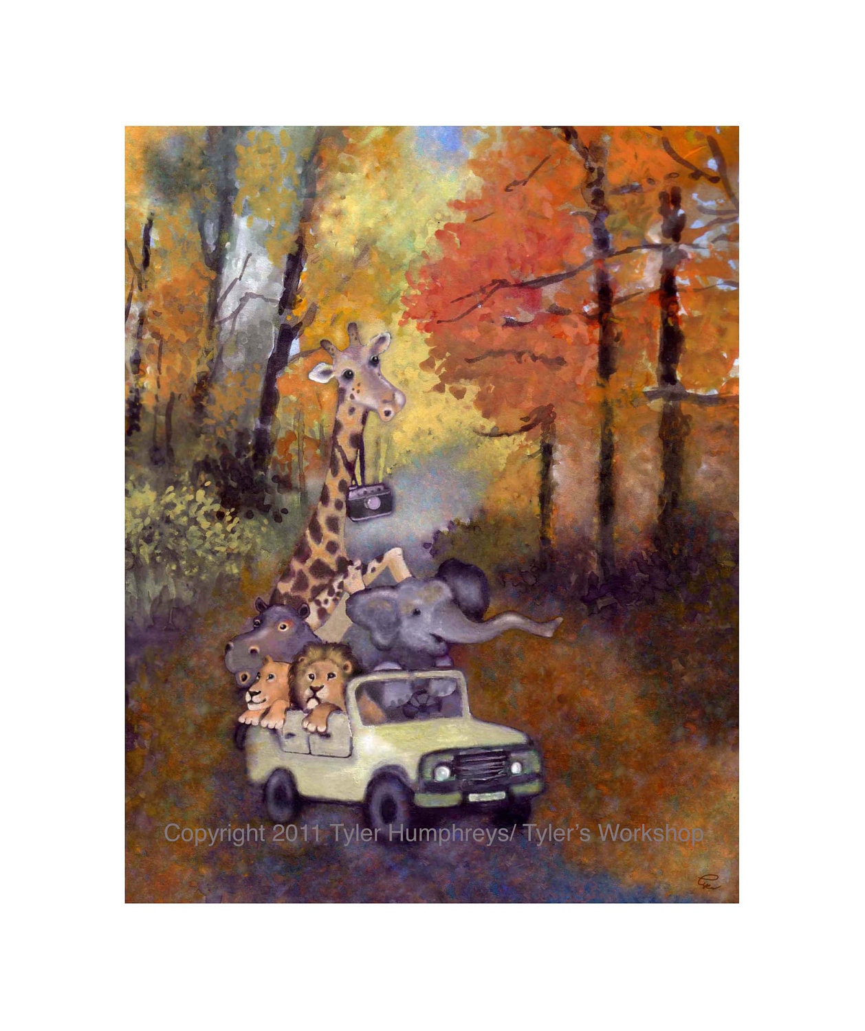 Animal Art - Safari Animals Card- Giraffe Elephant Lion Hippopotamus Autumn Fall Watercolor Card Painting Illustration Print 'Leafpeekers'
