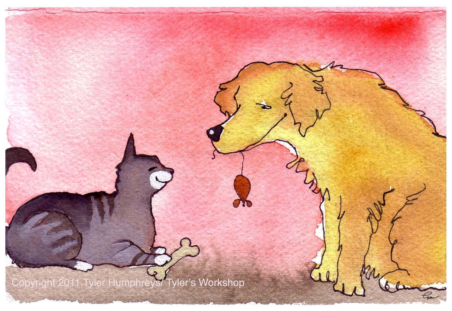 Valentine Card - Funny Cat & Dog Card Love Friendship Card - Cat Art - Dog Art - Pets Watercolor Painting - Cat and Dog Greeting Card - tylersworkshop