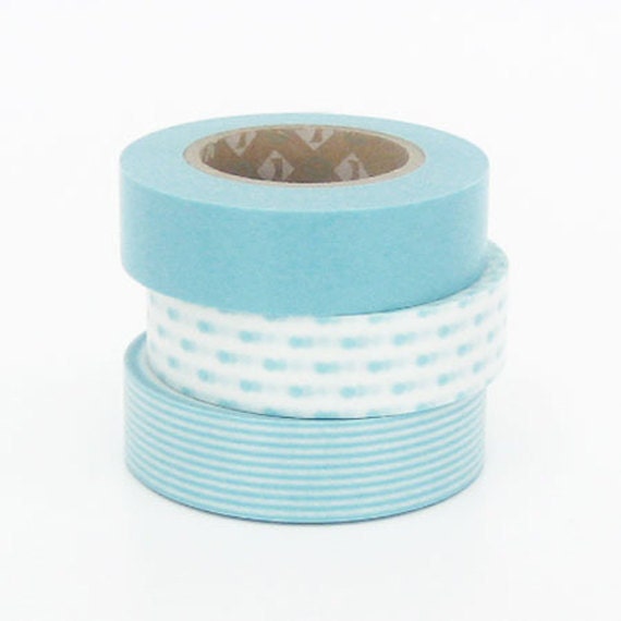 Discontinued-Japanese Washi Masking Tapes / Baby Blue Stripe, Dots, Solid for Baby Announcements, Showers (15m Long, 50 percent more)