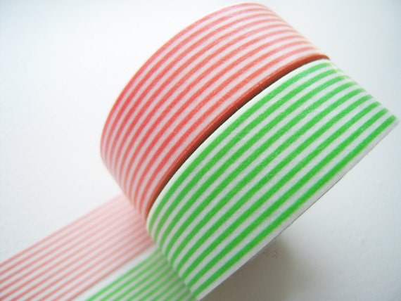 MT 2012 - Japanese Washi Masking Tapes / Green and Coral Pink Stripes for packaging, party deco, card making