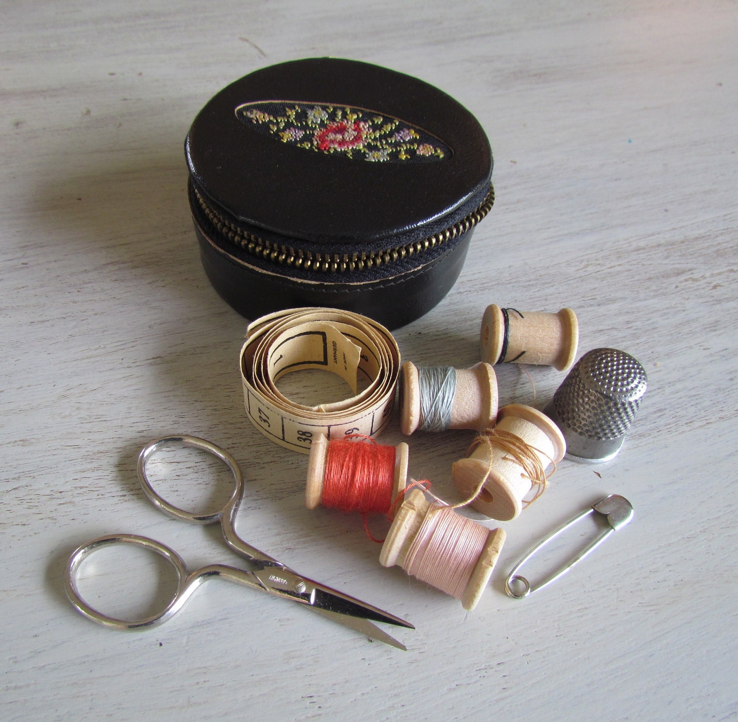 Vintage Sewing Kit in leather case with needlepoint detail