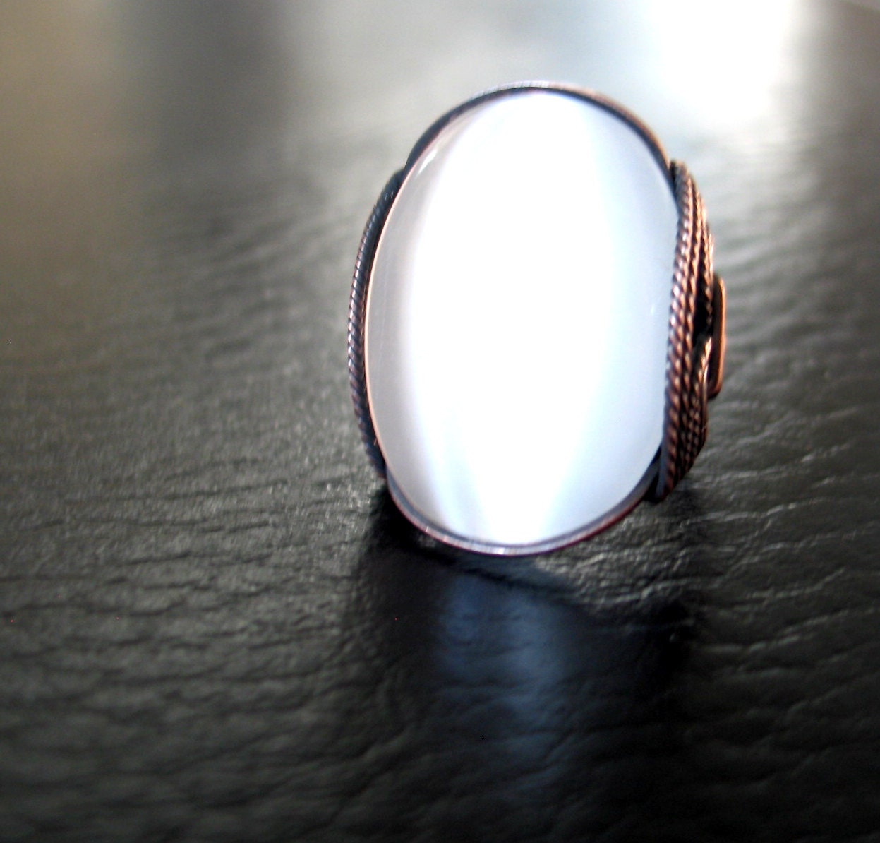 White Cats Eye Ring, Glowing Full Moon, Oxidized Copper, Any Size, Handmade, Custom Made, Summer Fashion