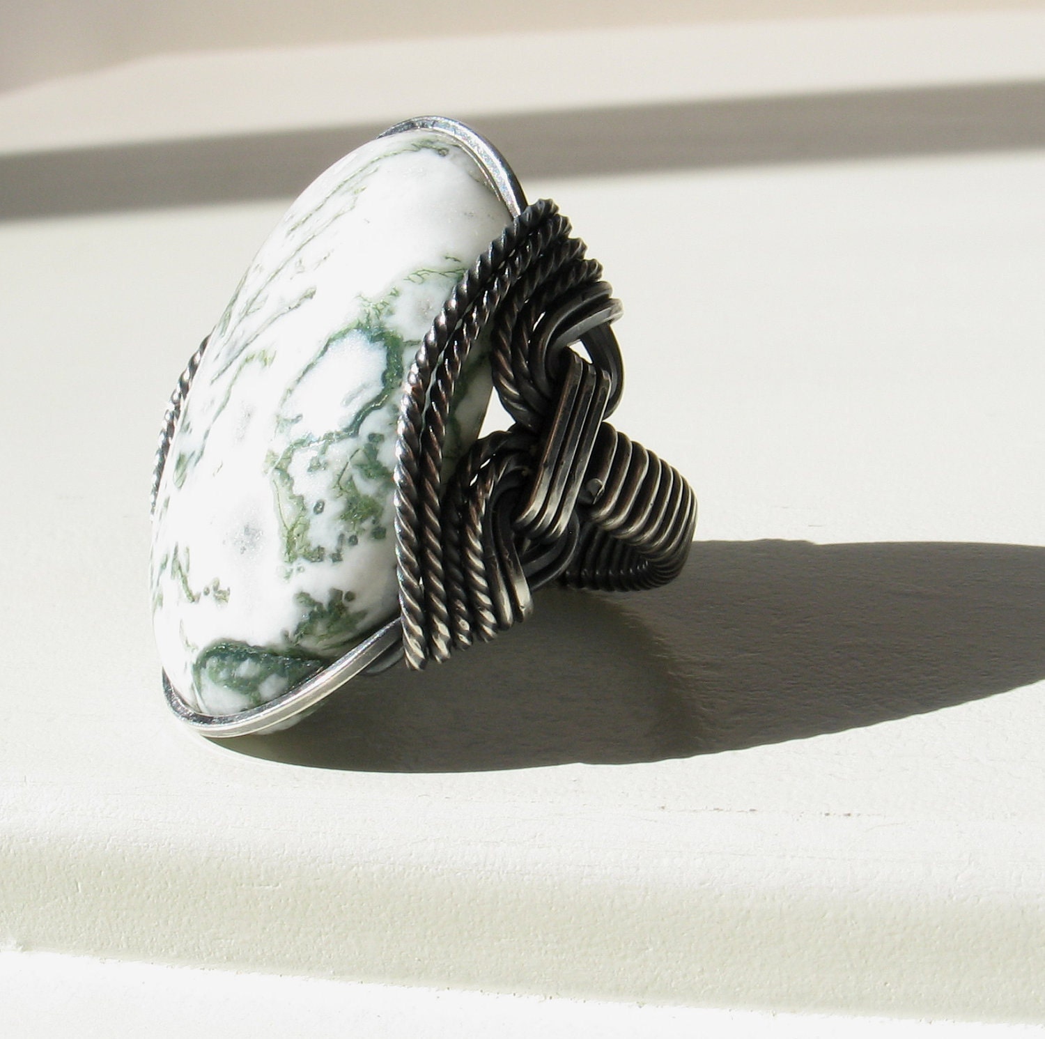 Tree Agate Ring, Green and White Stone, Oxidized Sterling Silver, Unique Handmade Jewelry, Dark Silver Setting, Statement Ring