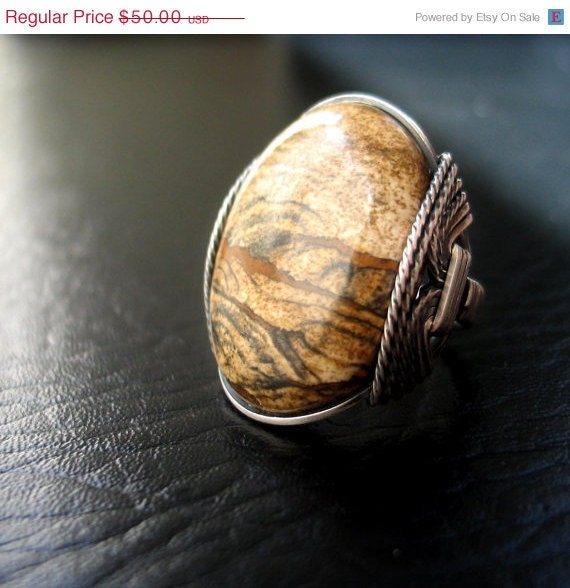 sale Wire Wrapped Paintbrush Jasper Ring - Oxidized Sterling Silver - Owyhee Picture Art Nature Scene - Any Size