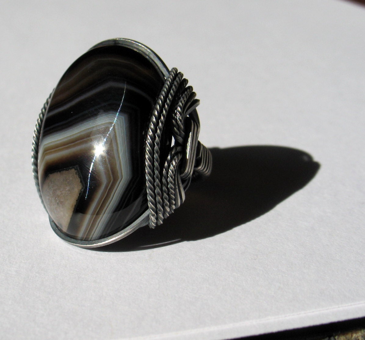 RESERVED - Black Stone Ring, Natural Agate, Oxidized Copper, Men