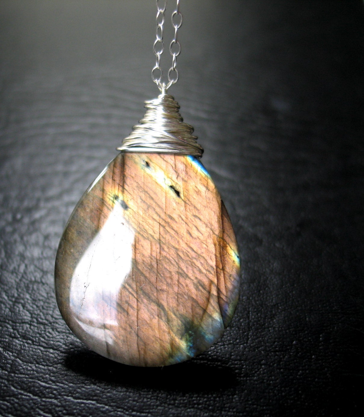 Labradorite Necklace, Big Peach Stone, Sterling Silver, Gemstone Necklace, Large Gemstone Jewelry