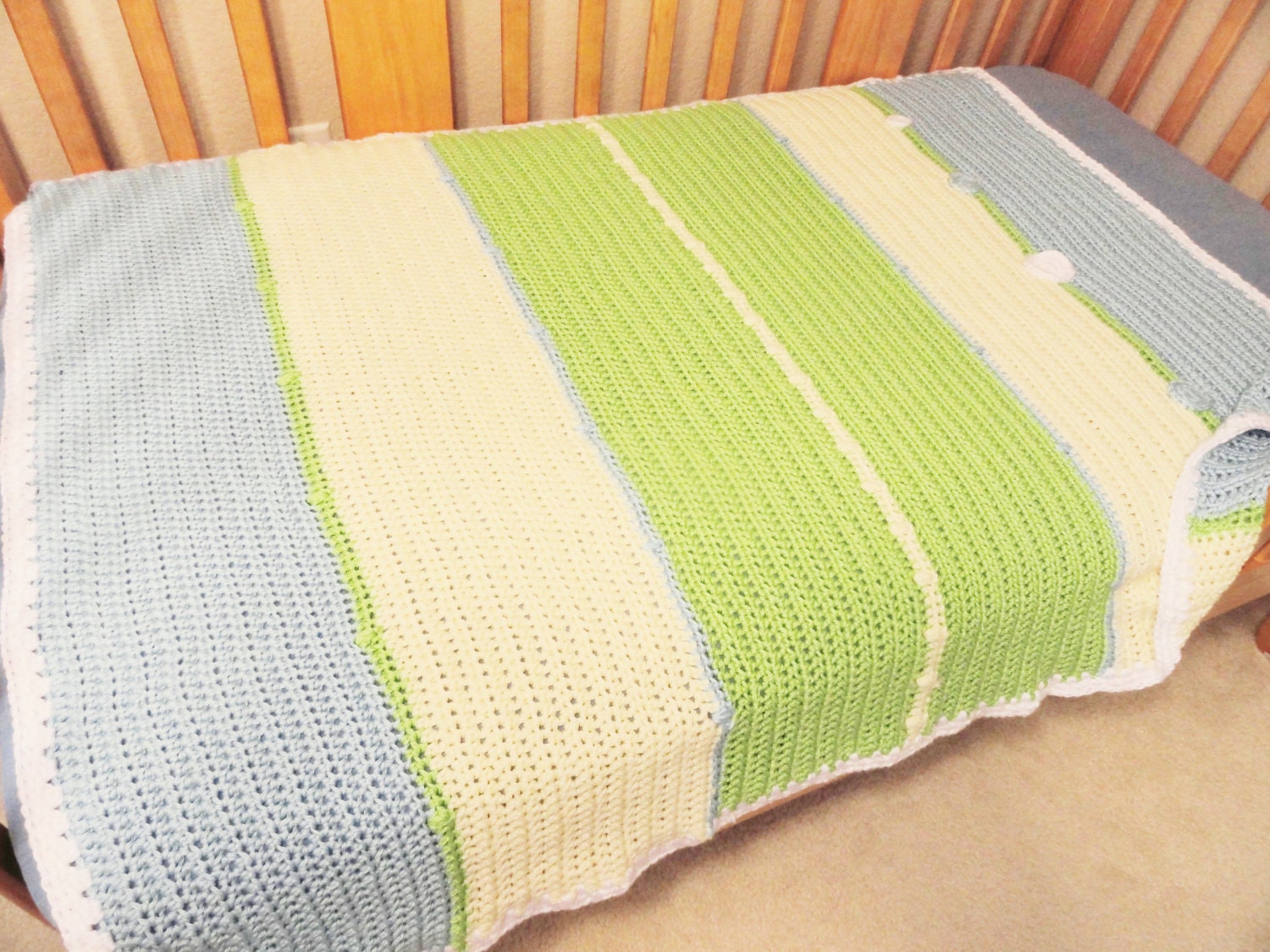 Summer Denim  Hand Crocheted Baby Toddler Blanket - Denim Blues - 32 x 44  Lightweight Afghan Couch Throw - Blue Green Yellow - Stripes