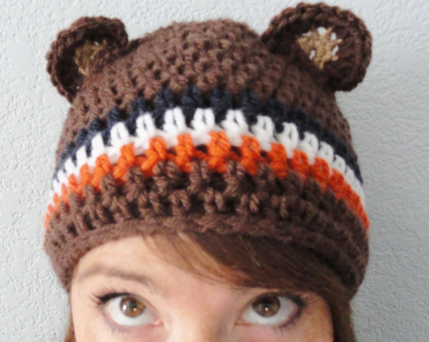 Go Bears Hat Hand-crocheted Chicago Bears Inspired Brown Adult Beanie with Ears By Distinctly Daisy