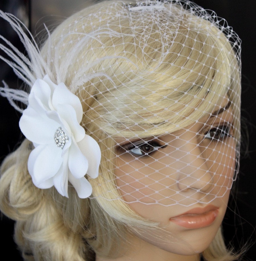 White Birdcage veil Blusher Fascinator vintage inspired rhinestone hair flower feather Bridal hair piece Wedding Reception - Elsie