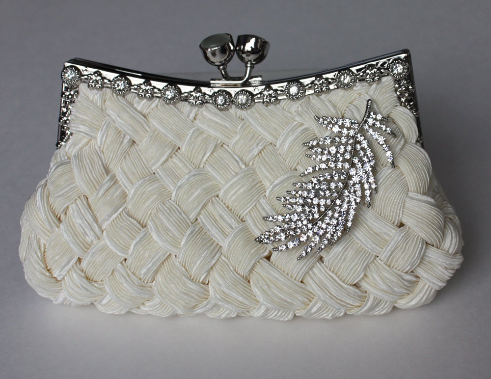 Bridal Clutch - Ivory satin with Swarovski Crystal feather brooch - On sale 30% OFF