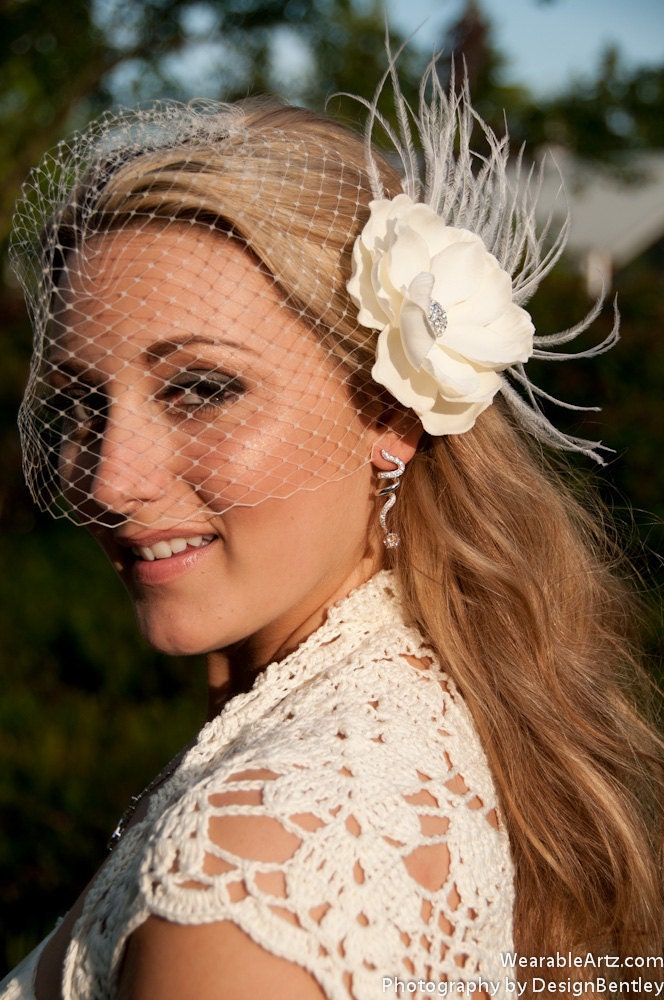 Birdcage veil and Vintage inspired Blusher and Detachable Bridal Fascinator Magnolia Wedding Reception - Evelyn