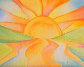 Small Sun Abstract Oil Painting  5 x 7 Orange Yellow Blue Green Sun Landscape
