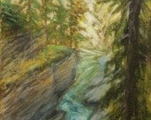 Small Nature Landscape Acrylic Painting Small Mountain Stream 5 x 6 Nature Green Blue Brown Landscape S. F. A artist Gwen Duda