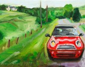 Red MINI Cooper Landscape Green Giclee Print Reproduction