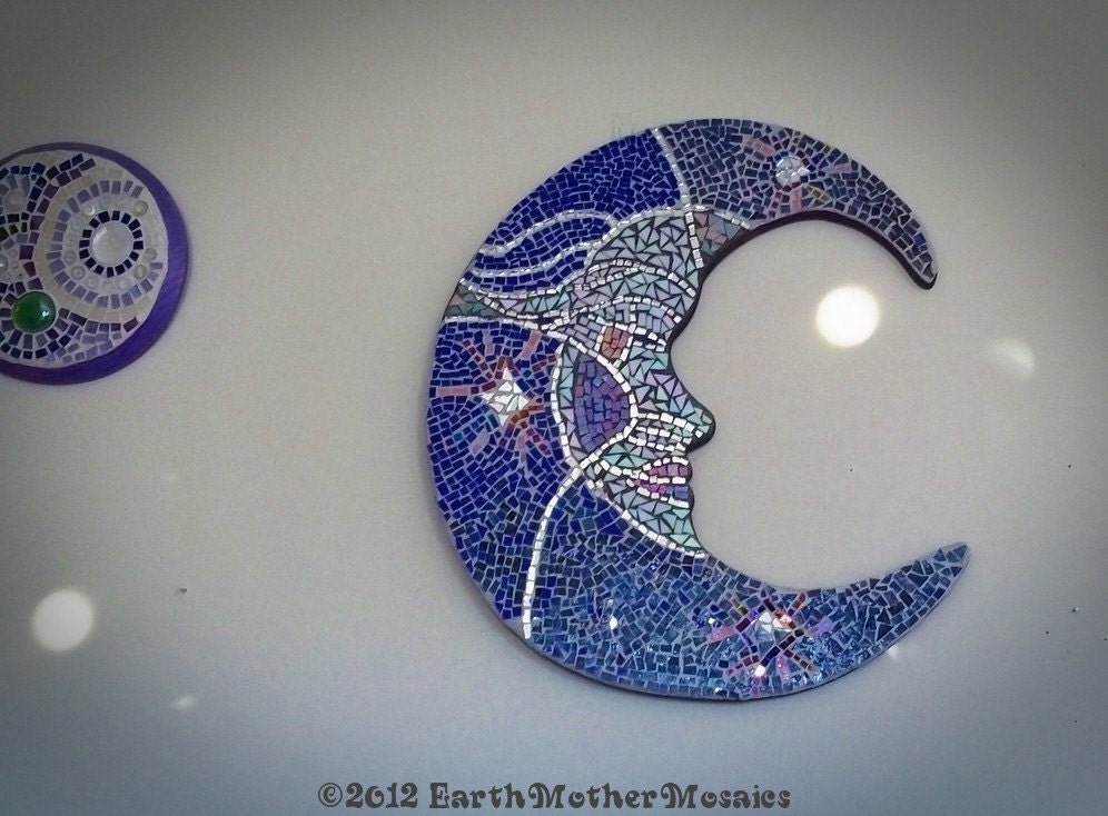 Crescent Moon, Mosaic Wall Art, Stained Glass, Recycled Mirror, Blue, Silver, Pink, Wall Decor