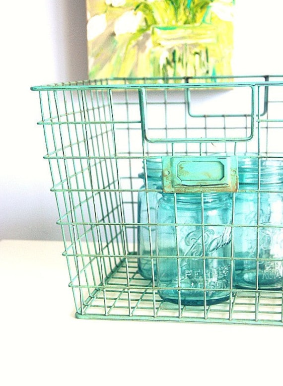 4 Ball Blue Vintage Mason Jars In Wire Basket