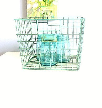 4 Ball Blue Vintage Mason Jars In Wire Basket