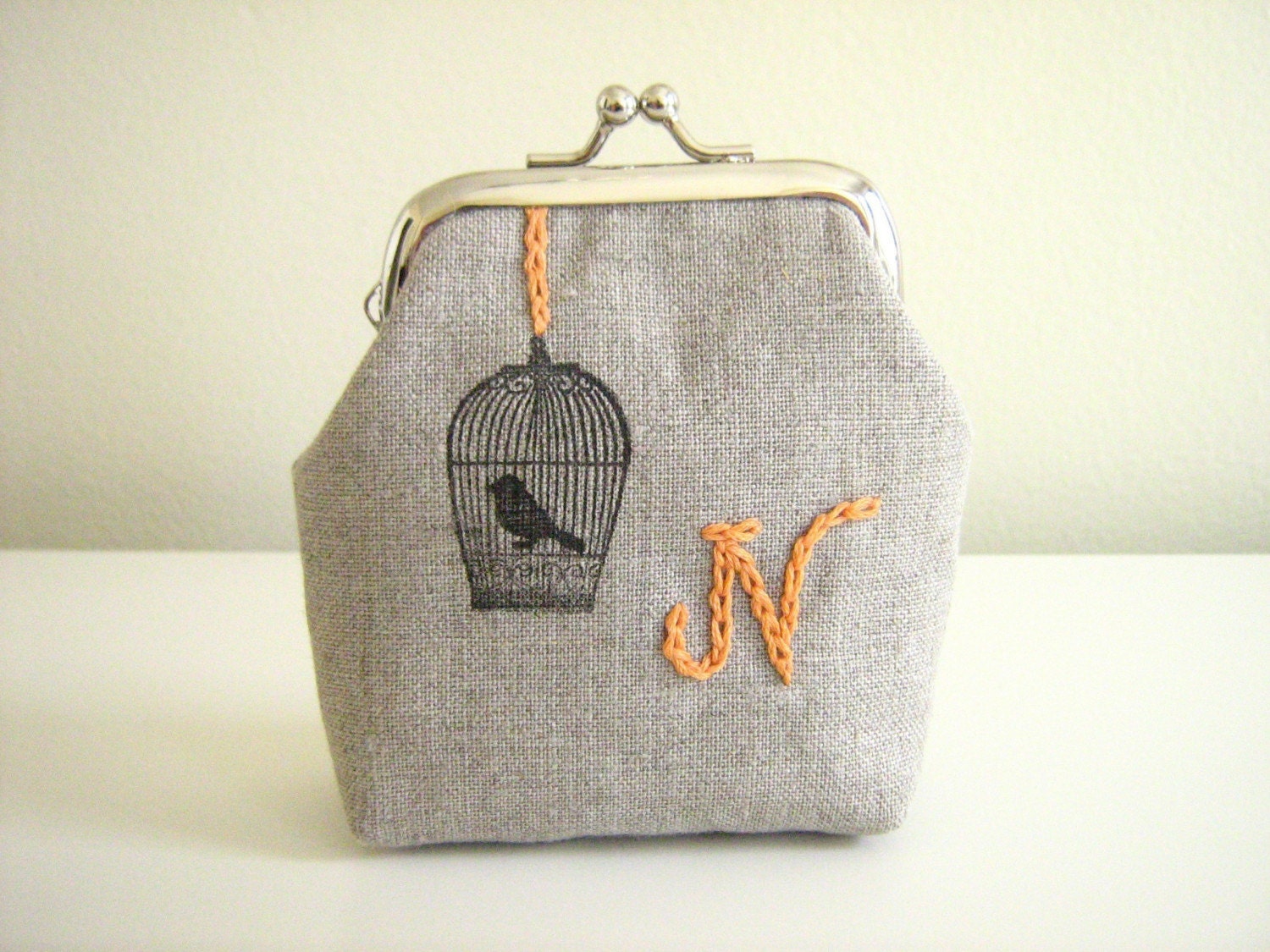 caged bird... hand embroidered and stamped mini clasp purse - choose your own initial