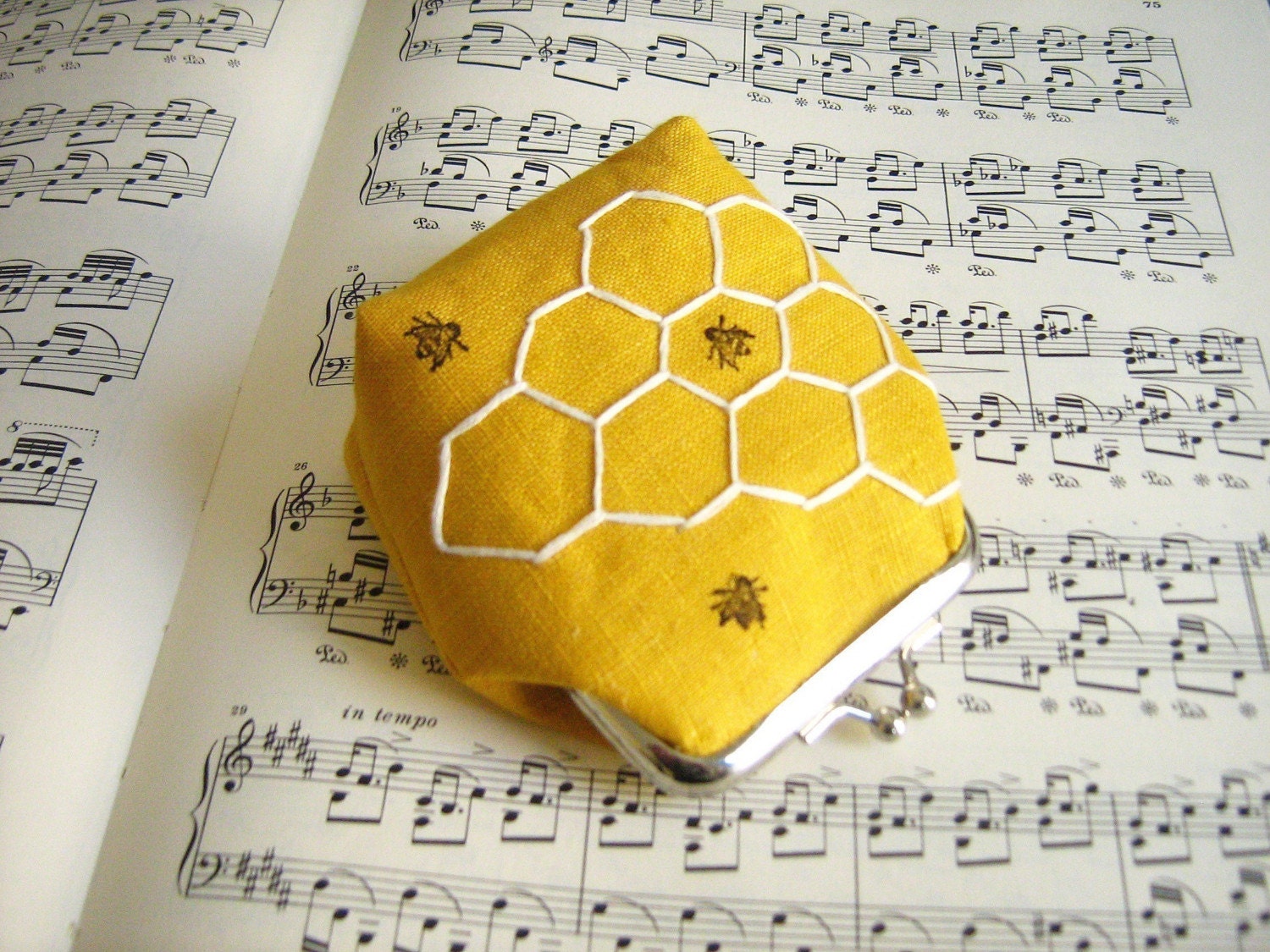 Bumble Bees in a Honeycomb hand embroidered and stamped mini clasp purse