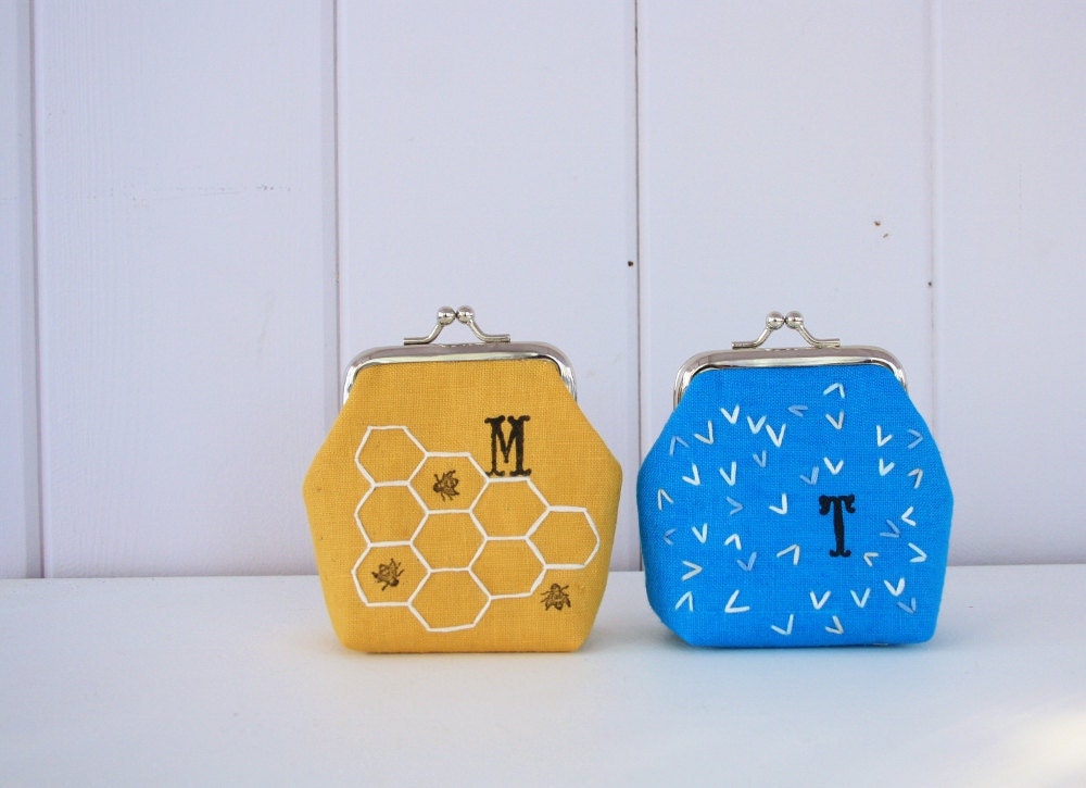 set of two mix and match...  hand embroidered and stamped mini clasp purse - choose your own initials
