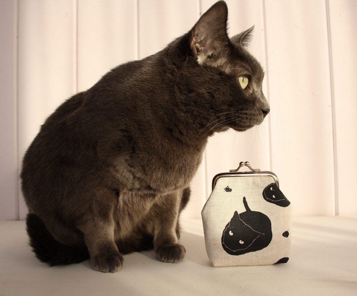 Curious Cats silk screen printed mini clasp purse- ready to ship