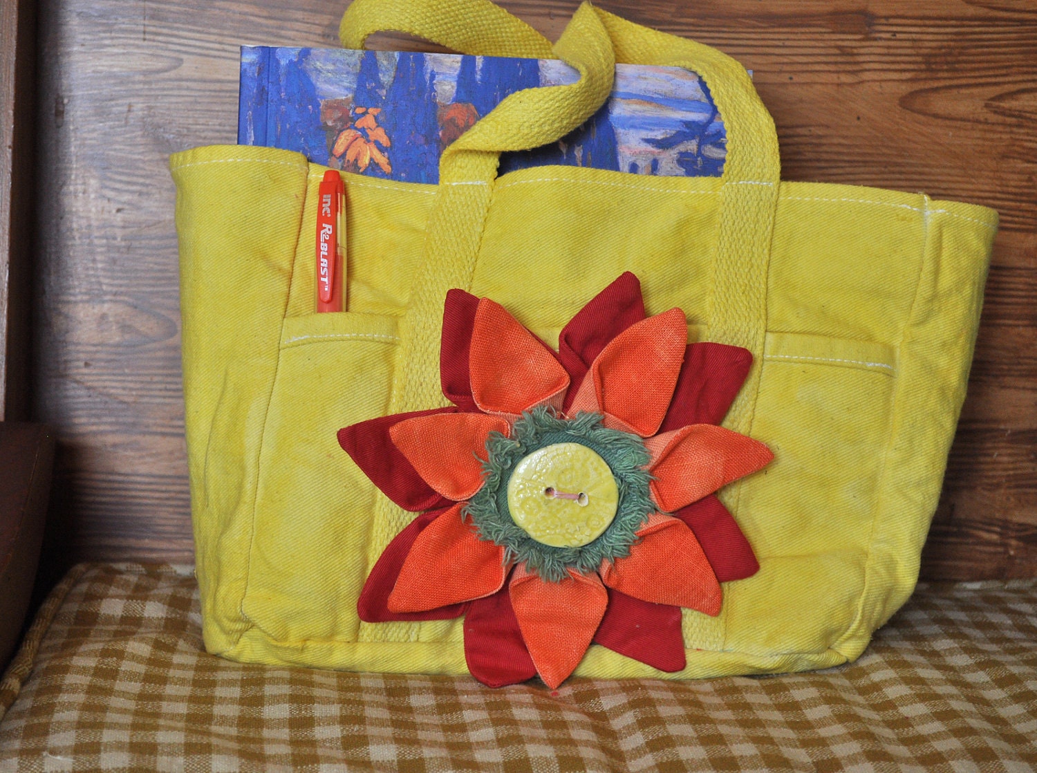 Yellow Dyed Canvas Flower Tote - Hand Dyed Upcycled Canvas Tote Handbag Purse Garden Book Knitting Bag with Decorative Fabric Flower