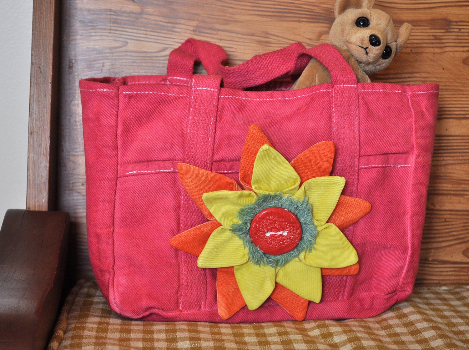 Red Dyed Canvas Flower TOTE - Hand Dyed Upcycled Canvas Tote Handbag Garden Book Bag with Decorative Fabric Flower Back to School Tote