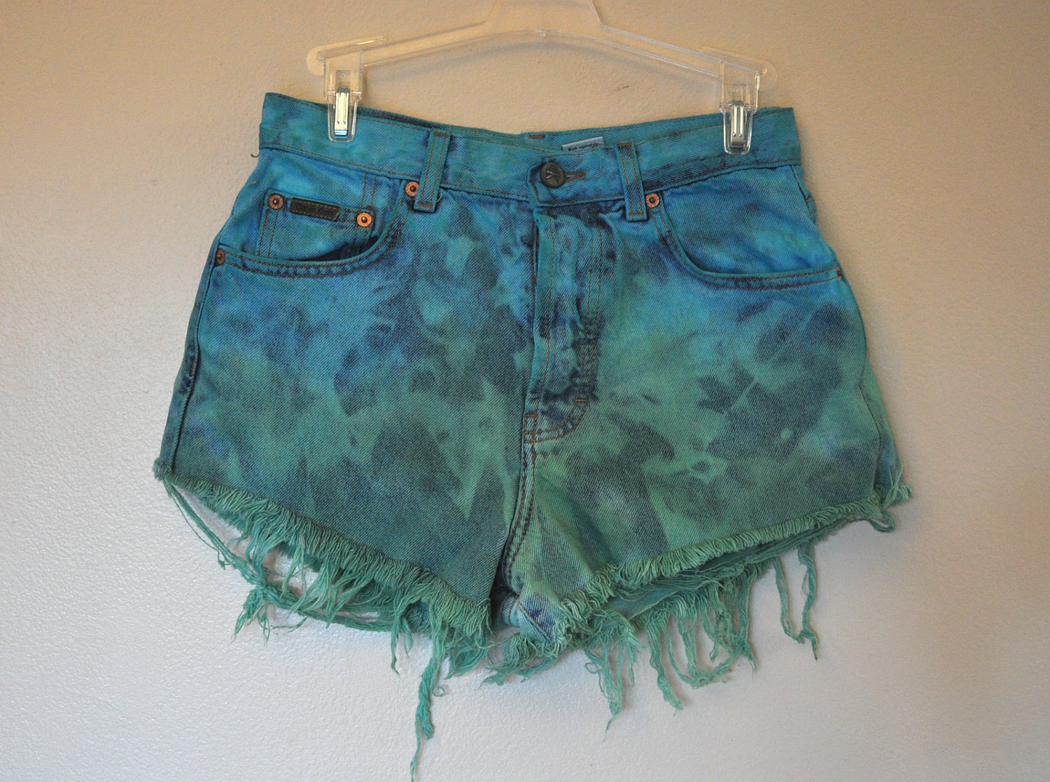 URBAN SHORTS SALE - Hand Dyed Turquoise and Green Urban Style Denim High Rise Vintage Shorts - Juniors Size 5