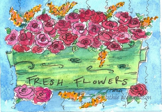 Antique Flower Planter ACEO Original Watercolor Painting