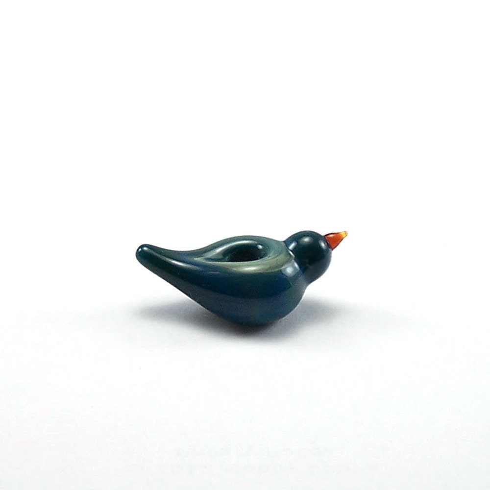 Lampwork bird bead, Big hole bead, borosilicate lampwork glass charm bead - Blue birdie