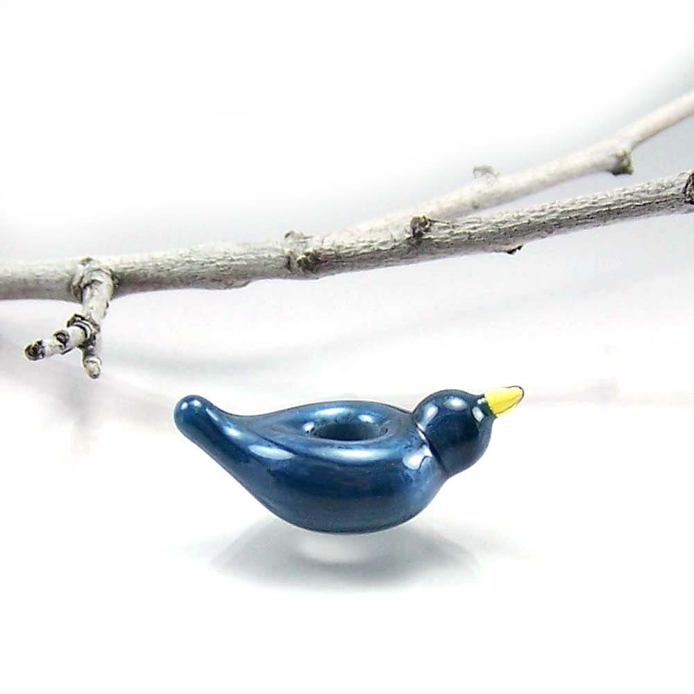 European charm bird bead, fits Troll Trollbead bracelets, sra lampwork glass  - Blue Velvet BHB