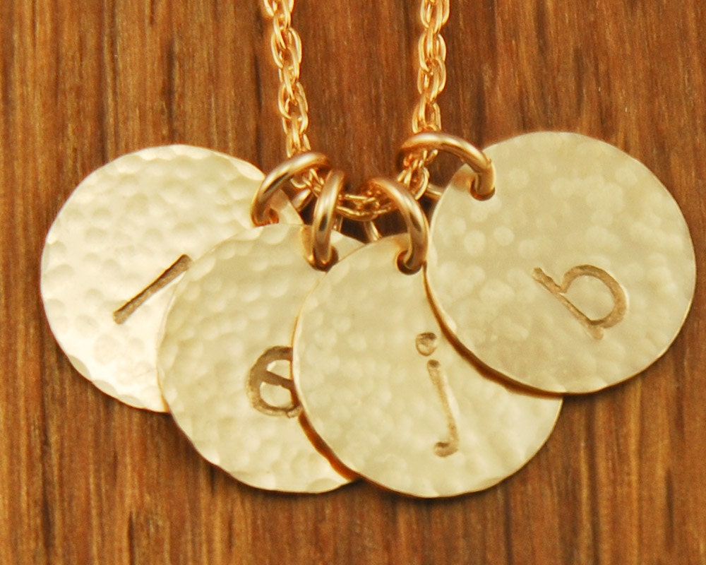 Personalized Handstamped Mom Gold Charm Necklace - Large Family Mommy or Grandmother Children Kids Initials Names - 4 Disc Custom Monogram