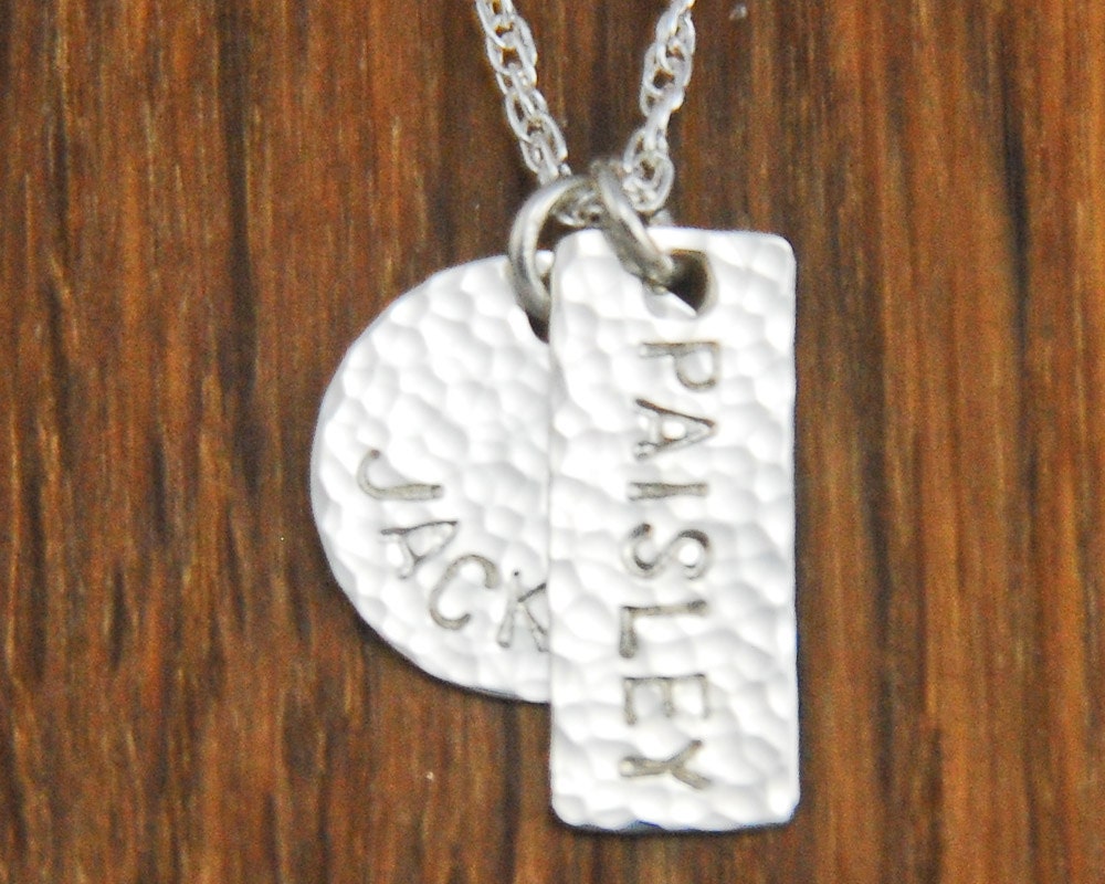Handstamped Mom Necklace - Sterling Silver Mommy Jewelry - 2 Children's Names Personalized Charm Custom Hammered Discs