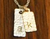 Silver & Gold Mom Charm Necklace -Personalized Handstamped Children Kids Names Initials - 2 Disc Tag Bar Custom Hammered Sterling Monogram