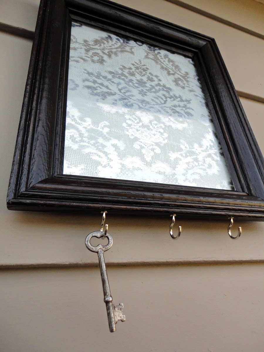 silver mirror key holder with damask lace
