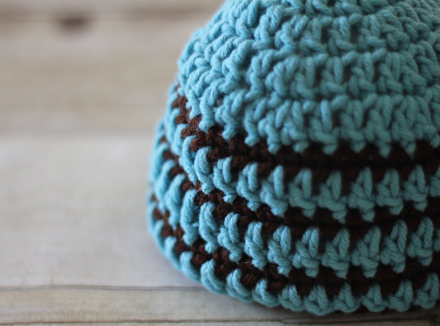 Baby Boy Hat, Blue and Brown Striped Beanie, Hand Crocheted Photo Prop