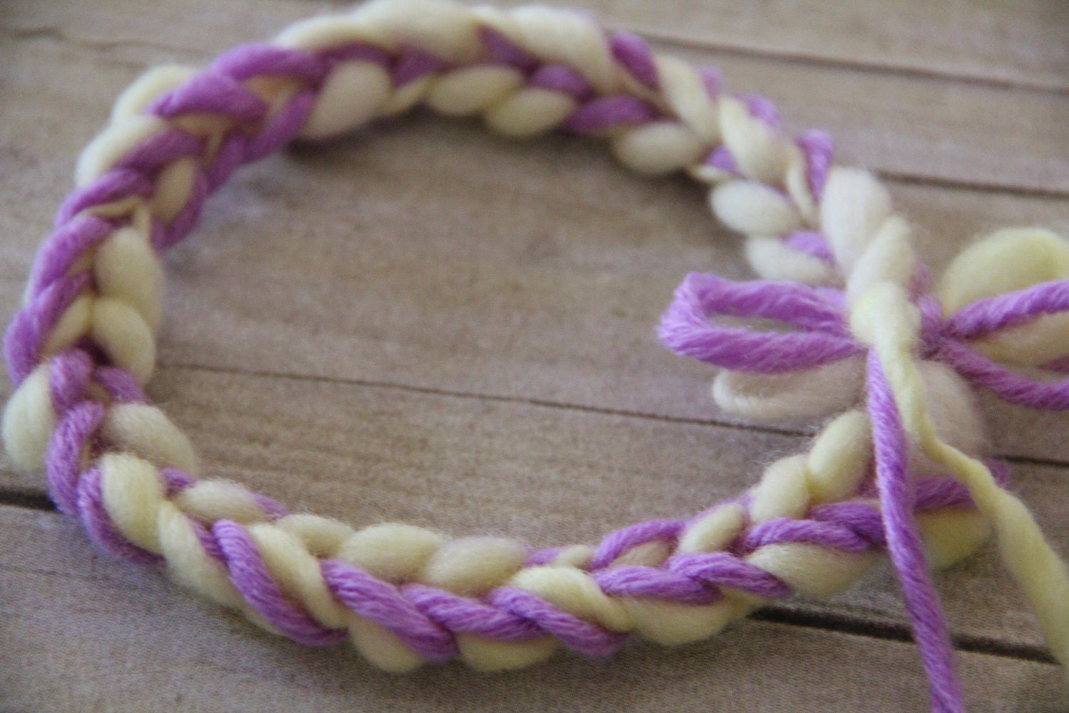 Crochet Newborn Headband made from Thick and Thin Merino in Lavender and Yellow
