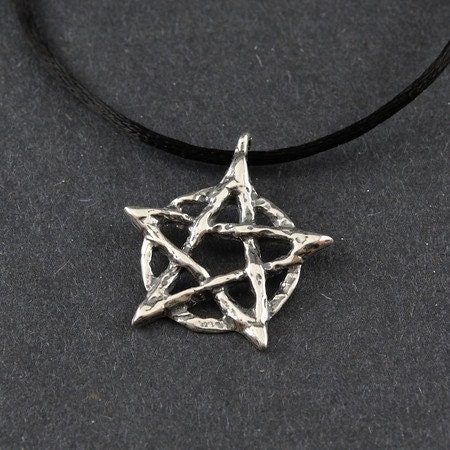 Pentacle Rustic Sterling Silver Necklace on Black Satin Cord