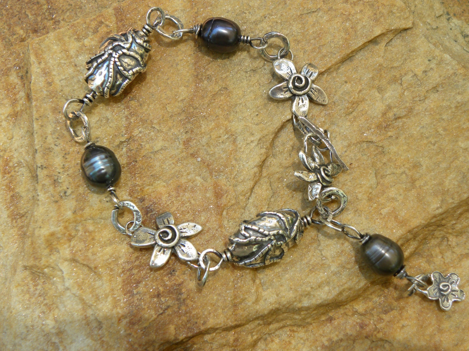 Genuine Tahitian Pearls and Handcrafted Artisan Silver -Flower  Bracelet
