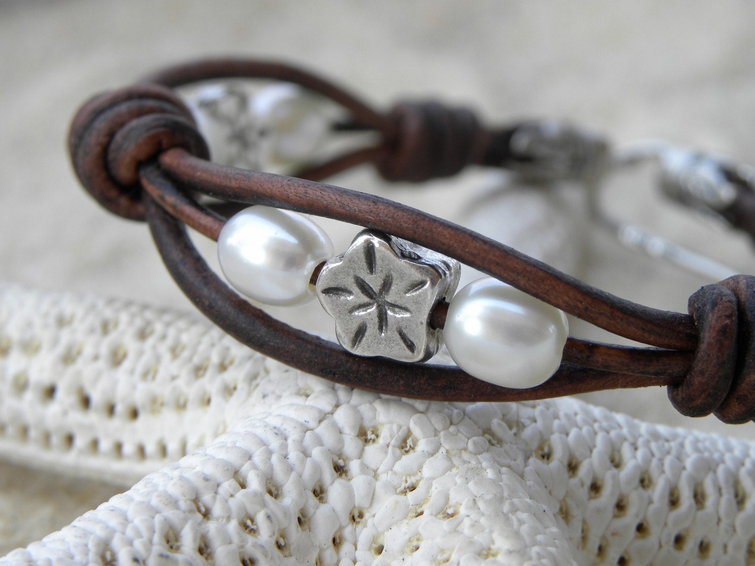 Leather. Pearls and Silver Flower Bracelet