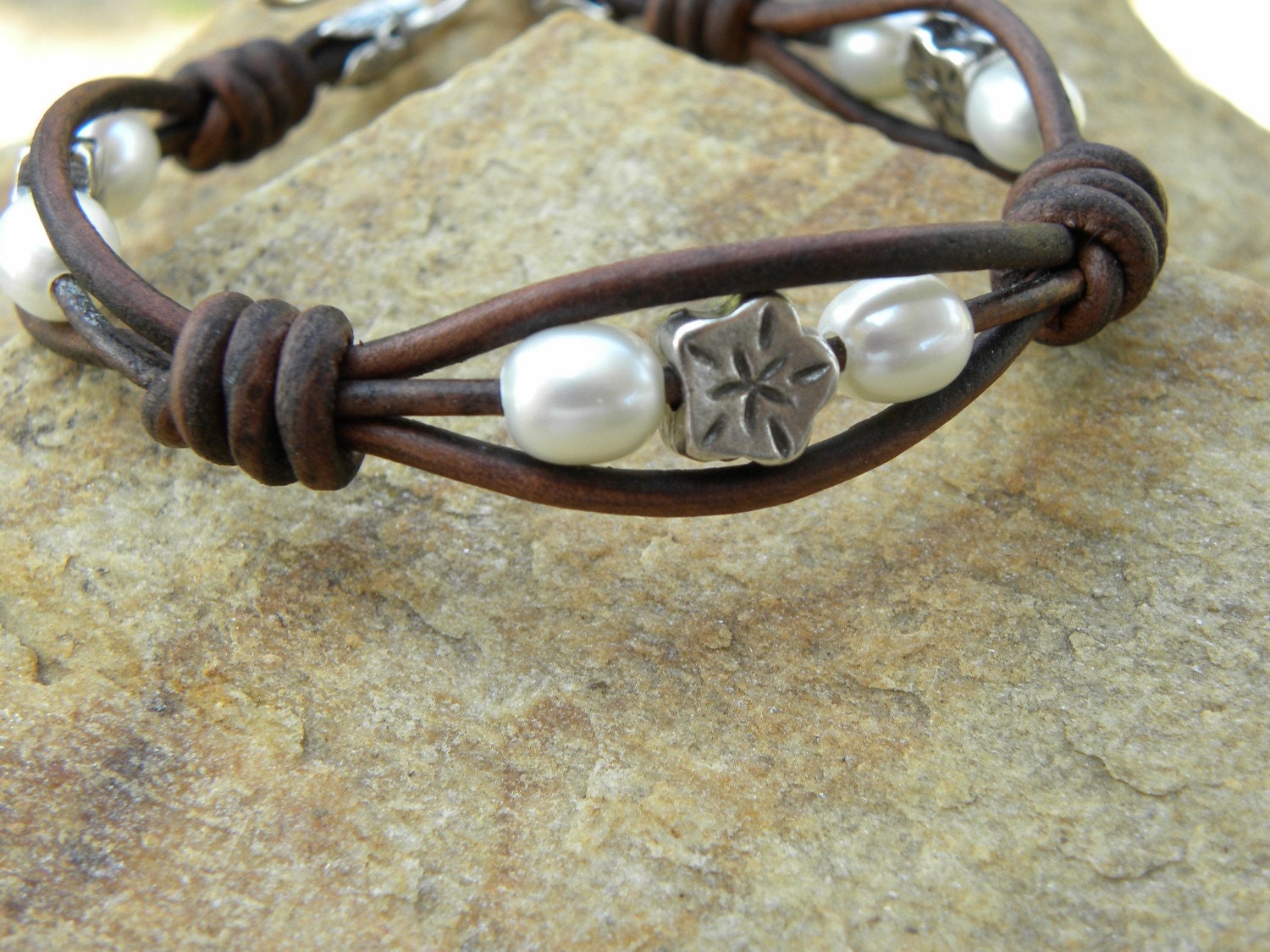 Leather. Pearls and Silver Flower Bracelet