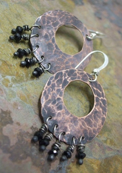 Subtle Copper Hoops featuring Black Spinel, Copper and Sterling Silver earrings, ThePurpleLilyDesigns