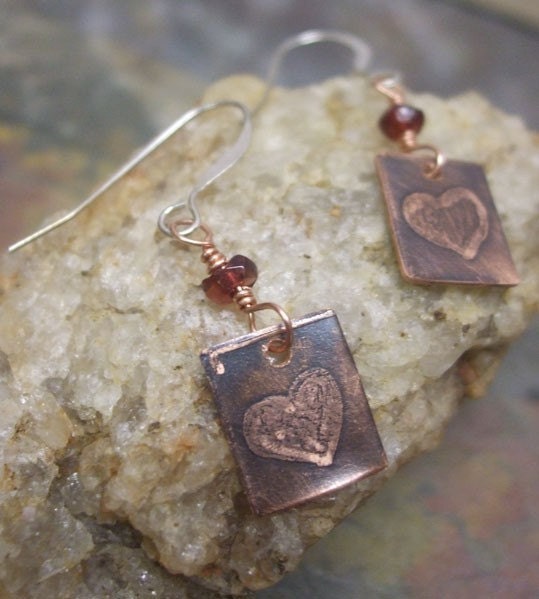 Two Hearts, Etched Copper and Sterling Silver earrings, ThePurpleLilyDesigns