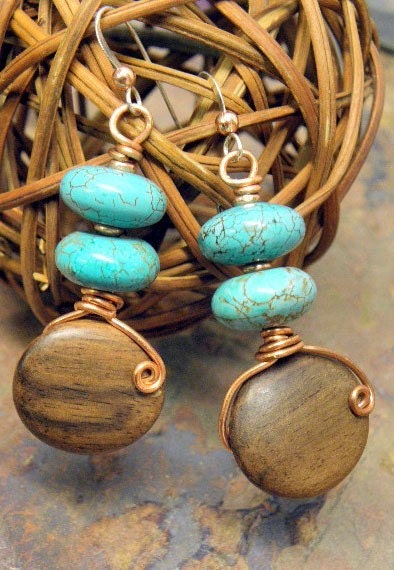 Natural Tone, Wood, Turquoise, and Copper earrings, ThePurpleLilyDesigns