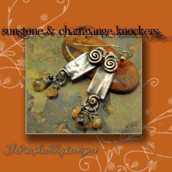 Sunstone and Champange Knockers, Antiqued Copper, Sterling Silver, Sunstone, and Faceted CZ brio earrings, ThePurpleLilyDesigns