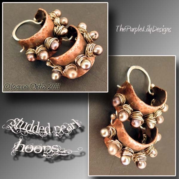 4 pr. Left, Studded Pearl Hoops, Copper, Sterling Silver, and Pearl earrings, ThePurpleLilyDesigns, SOON TO RETIRE