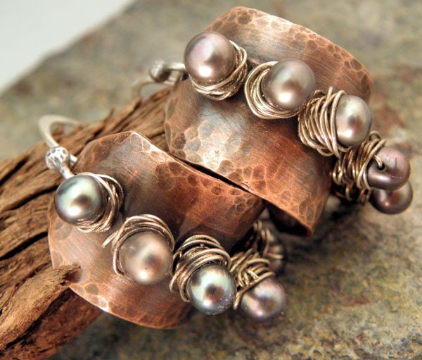 4 pr. Left, Studded Pearl Hoops, Copper, Sterling Silver, and Pearl earrings, ThePurpleLilyDesigns, SOON TO RETIRE